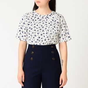Vintage Worthington White & Blue Floral Print Button Back Short Sleeve Top Sz 16